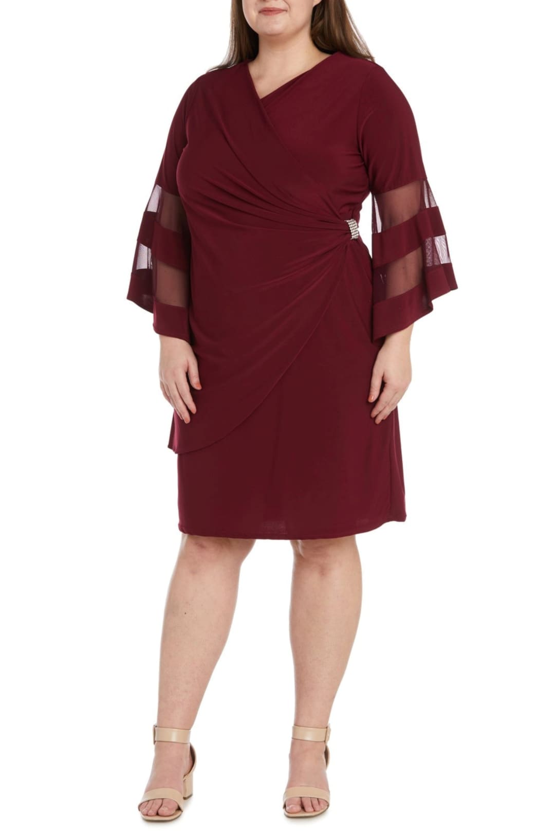 R&M Richards 3561 MERLOT Long Bell Sleeve Short Evening Dress - Merlot / 6