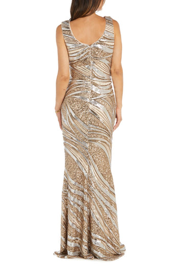 R&M Richards 6120 Gold Silver Metallic Sequined Long Evening Dress