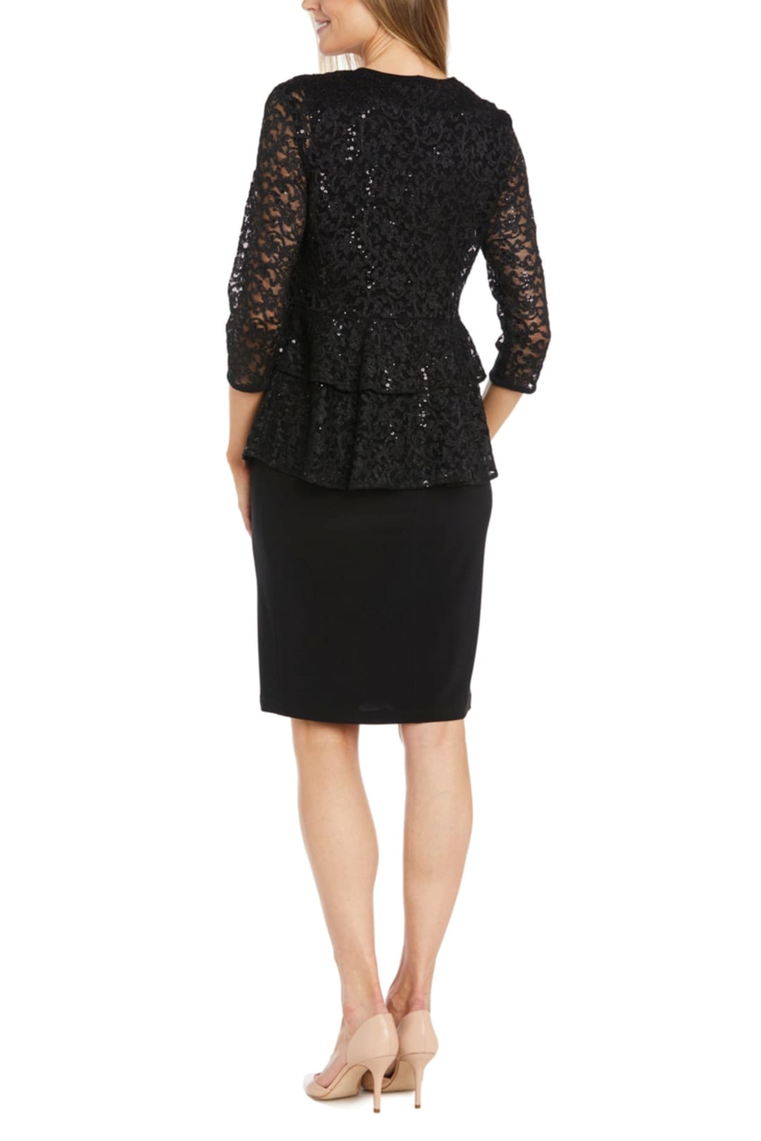 R&M Richards 6145 Black 2-Piece Sequined Lace Tiered Jacket Dress