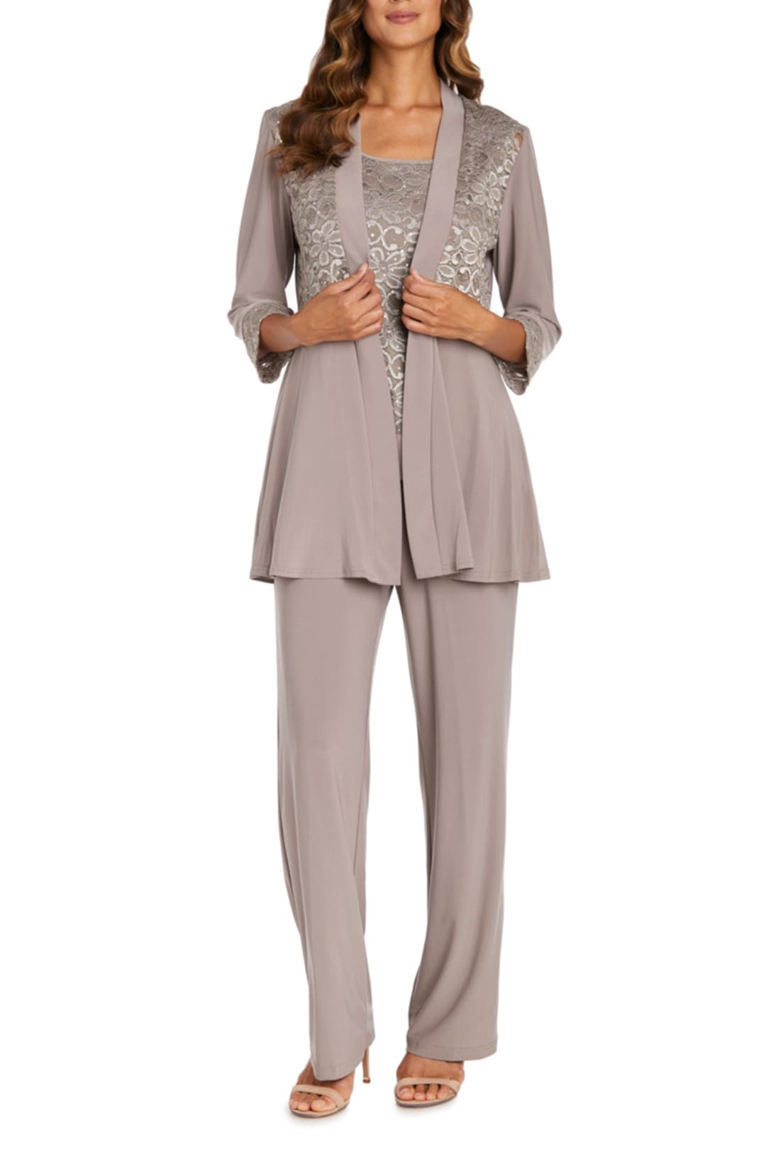 R&M Richards 7772 Mocha Sequined Lace 2-Pc Evening Pants Set
