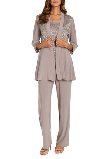 R&M Richards 7772 Mocha Sequined Lace 2-Pc Evening Pants Set