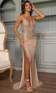 Rachel Allan 70855 - Plunging V-Neckline Beaded Sheath Gown Prom Dresses 0 / Rose Gold
