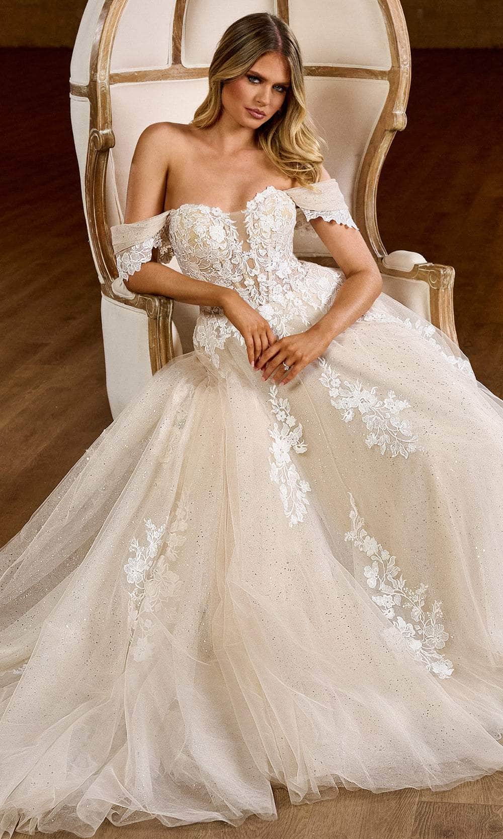 Rachel Allan RB2184 Bridal Draped Sleeve Glitter Bridal Gown