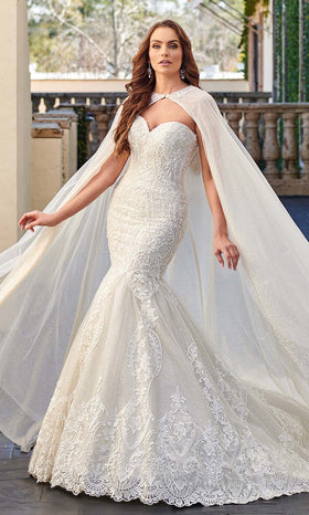 Rachel Allan M781 Embroidered Lace Mermaid Wedding Gown With Cape