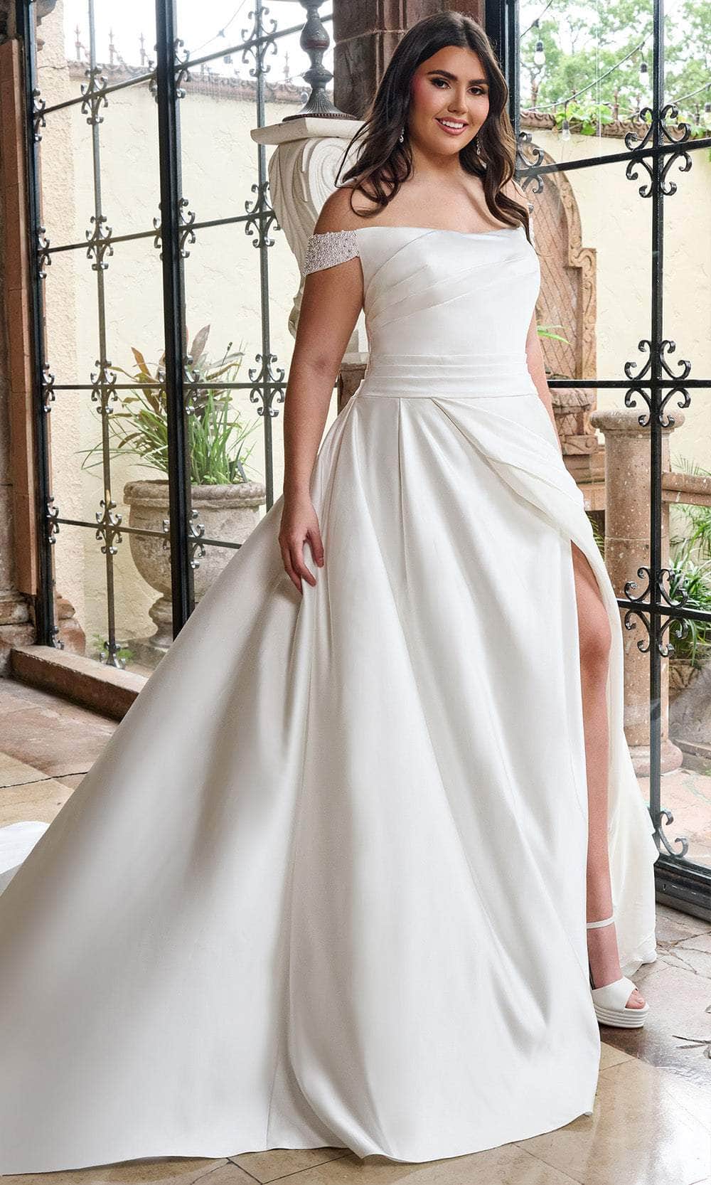Rachel Allan RB2213 Satin Off-Shoulder Wedding Gown