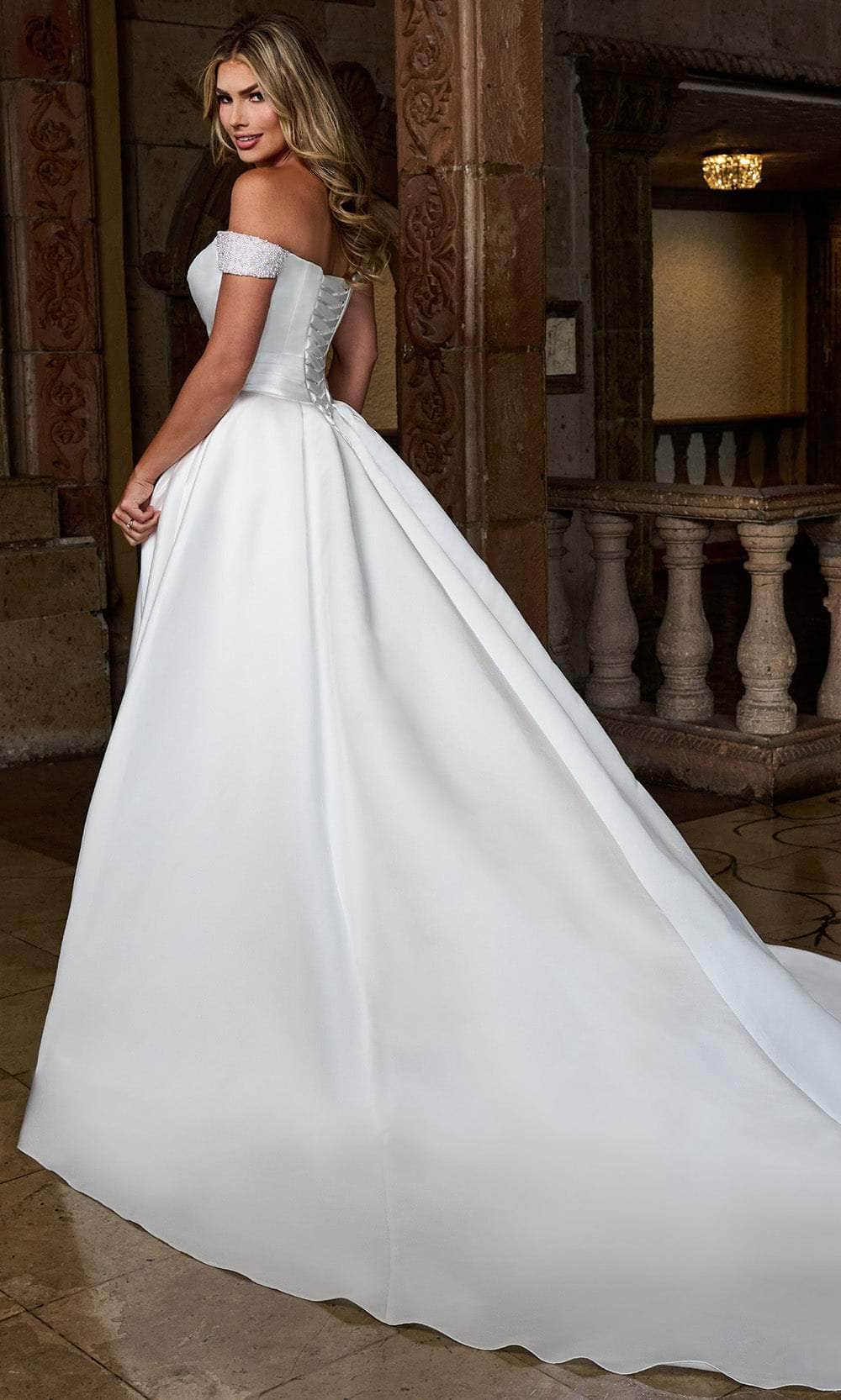 Rachel Allan RB2213 Satin Off-Shoulder Wedding Gown