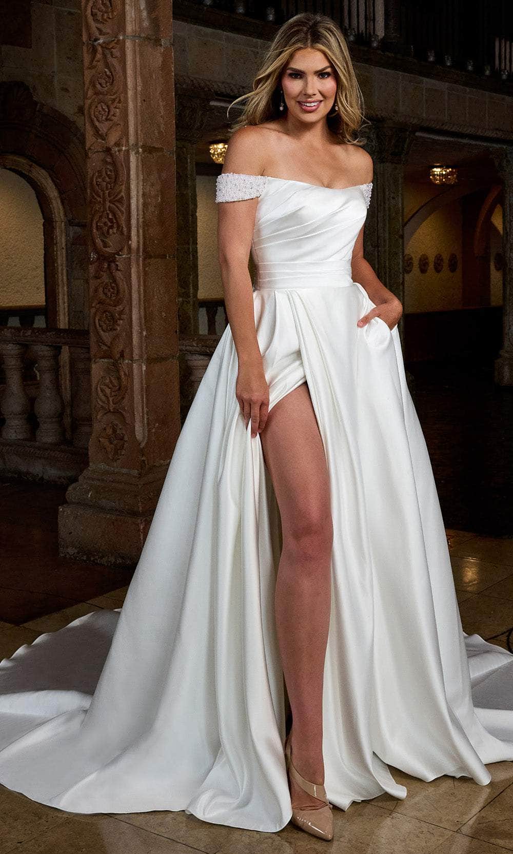 Rachel Allan RB2213 Satin Off-Shoulder Wedding Gown