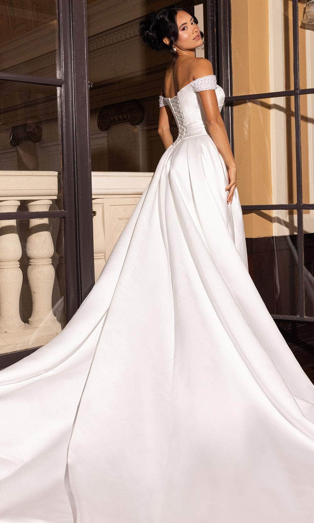 Rachel Allan RB2213 Satin Off-Shoulder Wedding Gown