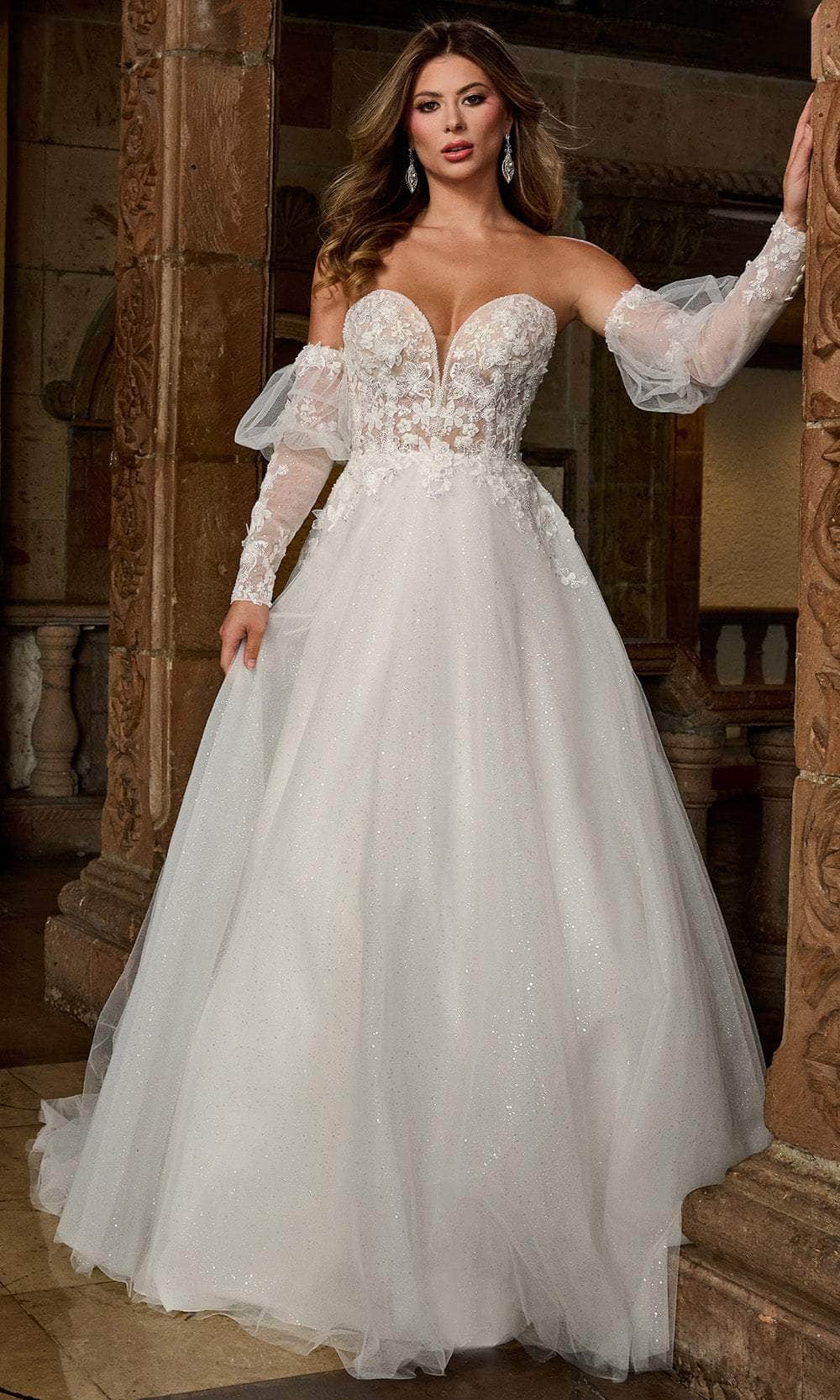 Rachel Allan RB3212 - Floral Appliqued A-Line Gown with Puff Sleeves Bridal Dresses 0 / Ivory Nude