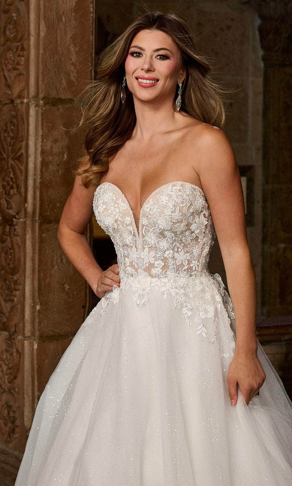Rachel Allan RB3212 Floral Appliqued A-Line Gown with Puff Sleeves