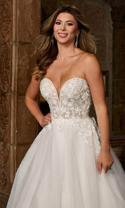 Rachel Allan RB3212 Floral Appliqued A-Line Gown with Puff Sleeves