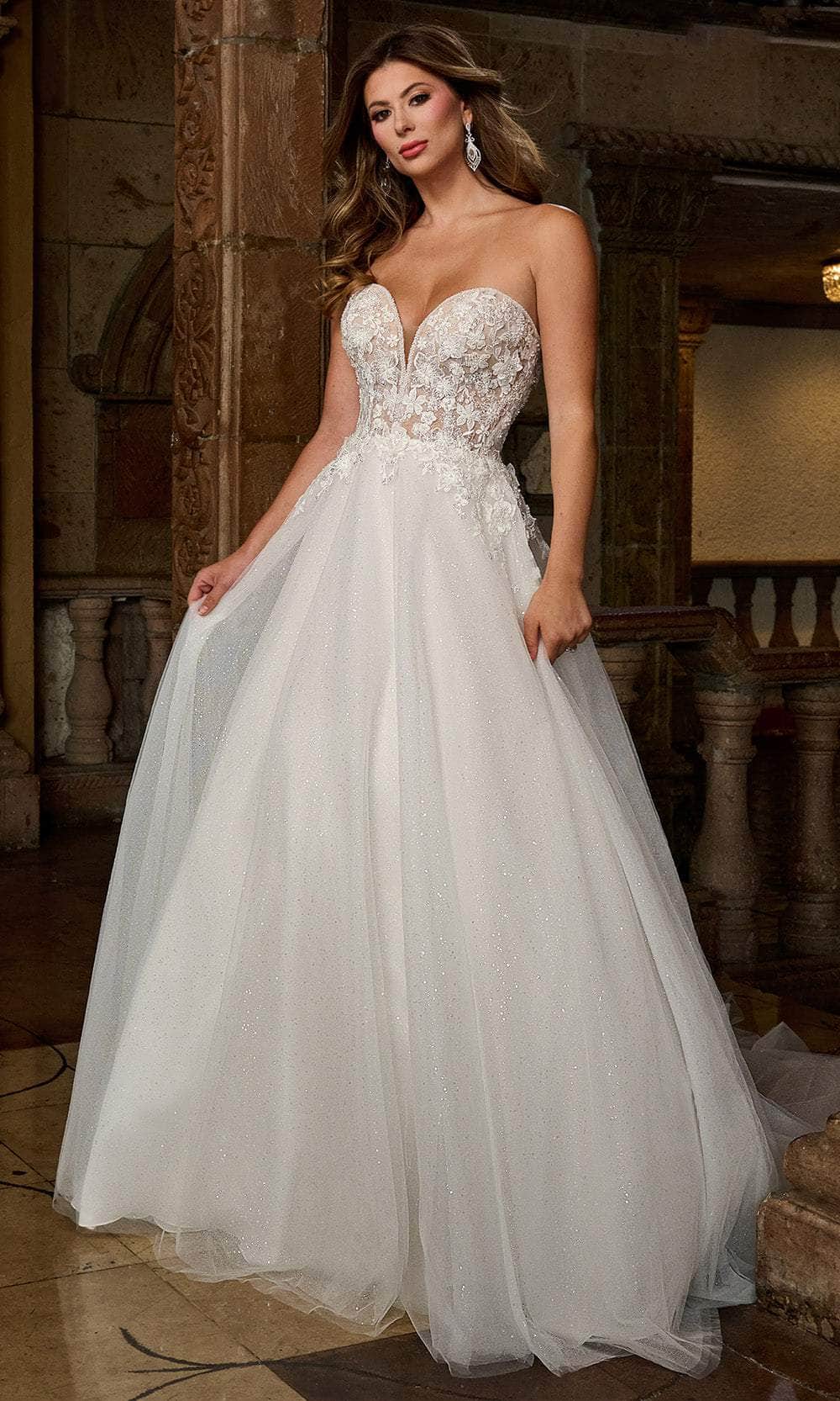 Rachel Allan RB3212 Floral Appliqued A-Line Gown with Puff Sleeves