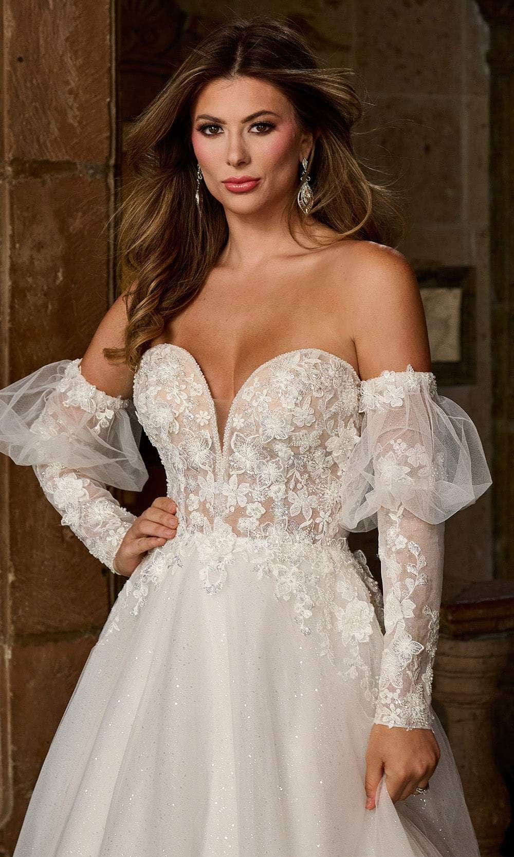 Rachel Allan RB3212 Floral Appliqued A-Line Gown with Puff Sleeves