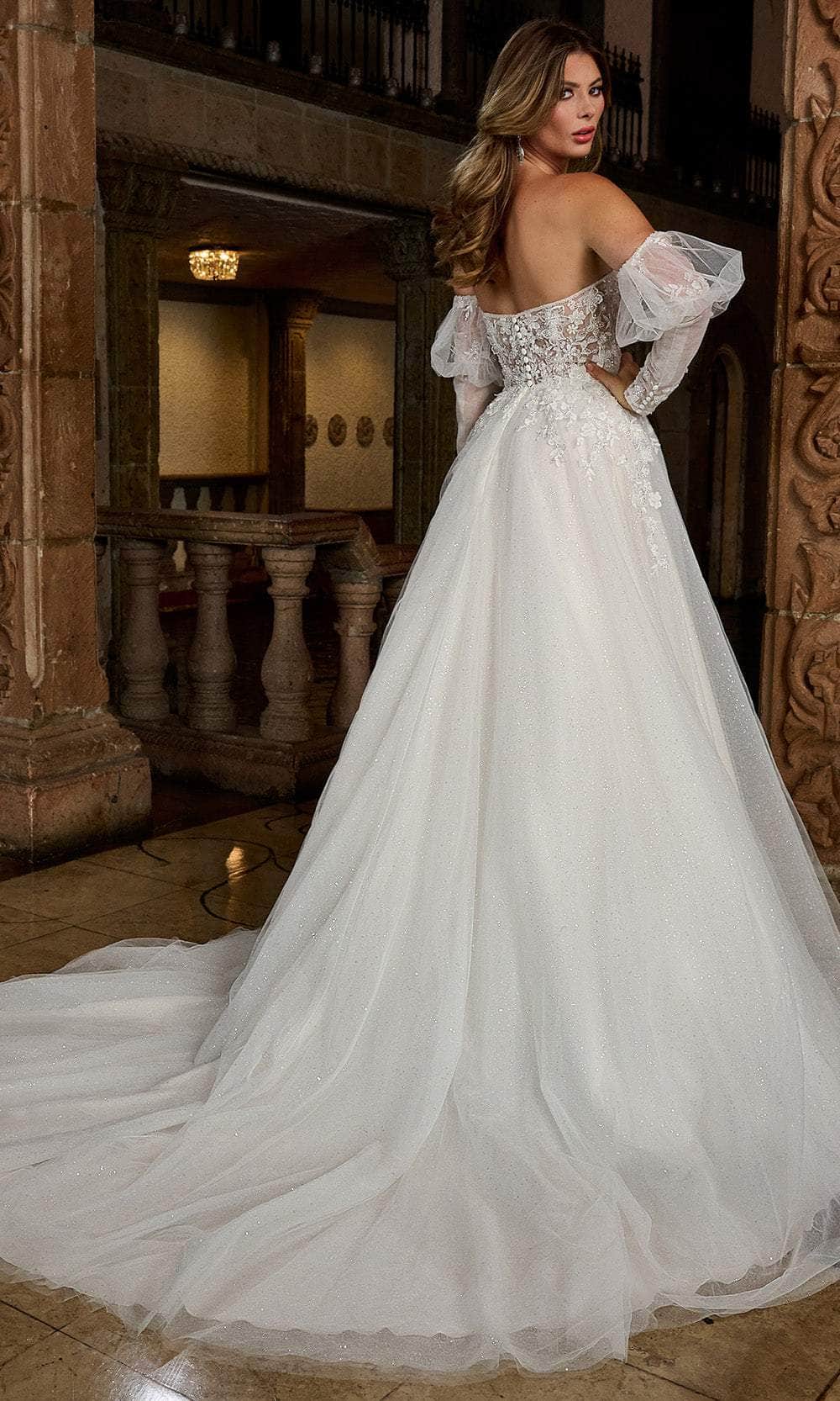 Rachel Allan RB3212 Floral Appliqued A-Line Gown with Puff Sleeves