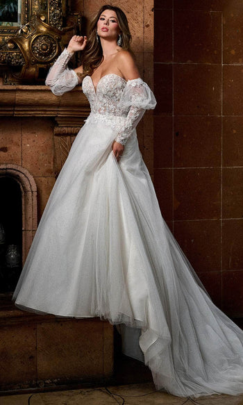 Rachel Allan RB3212 Floral Appliqued A-Line Gown with Puff Sleeves
