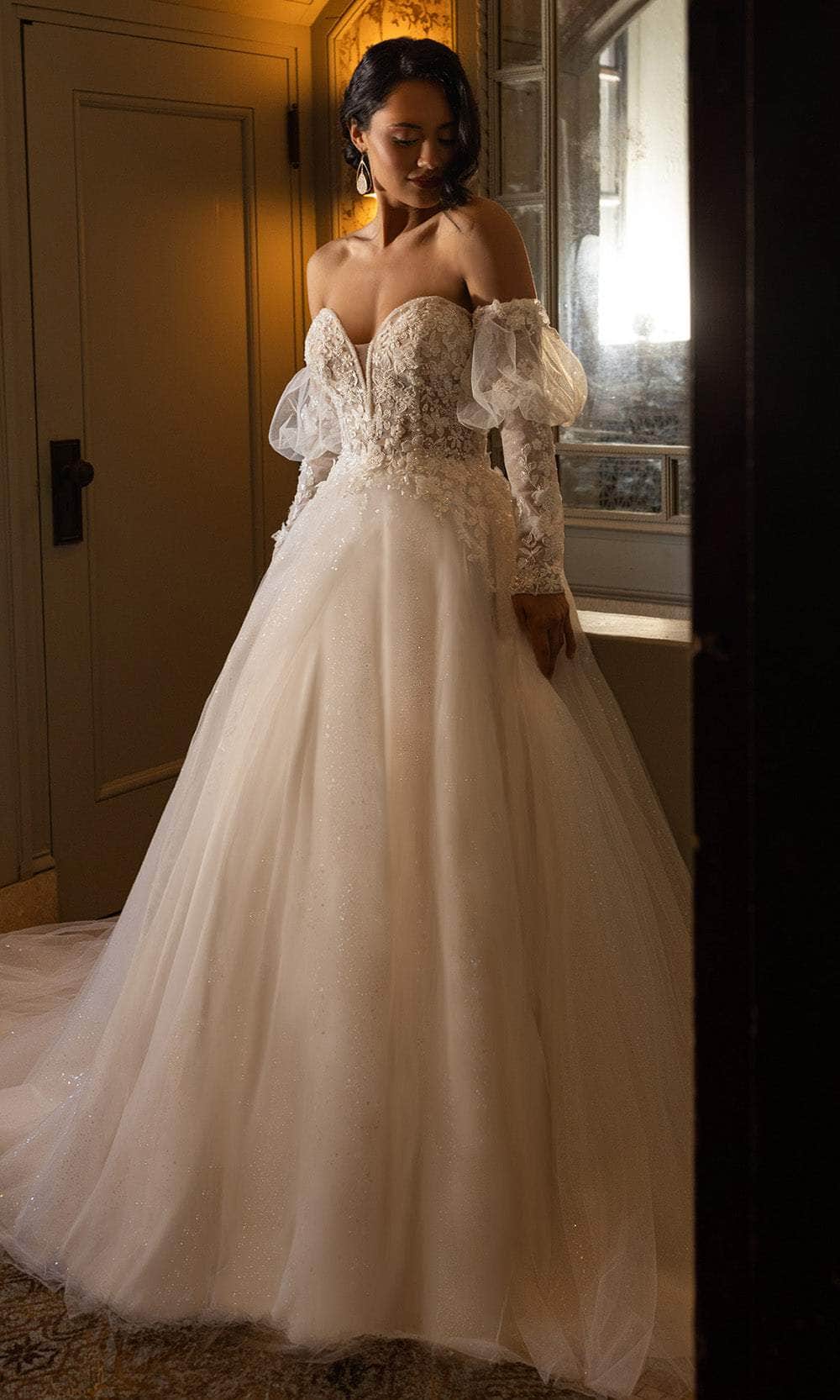 Rachel Allan RB3212 Floral Appliqued A-Line Gown with Puff Sleeves