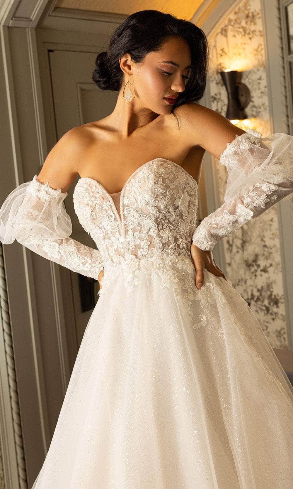Rachel Allan RB3212 Floral Appliqued A-Line Gown with Puff Sleeves