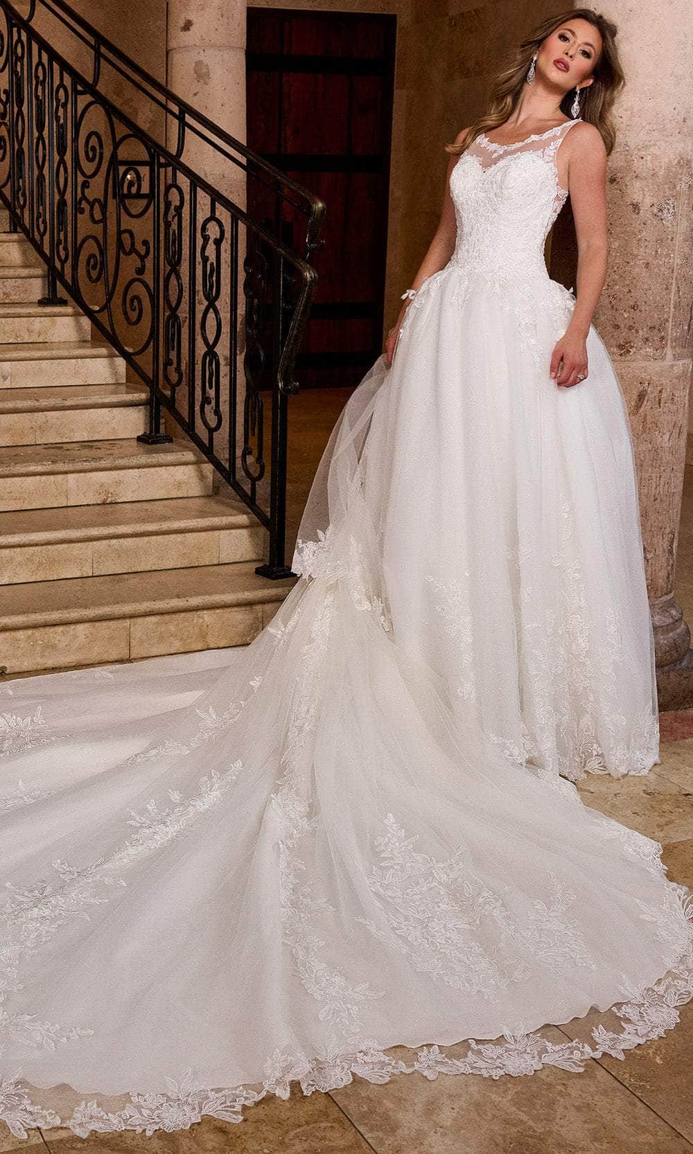 Rachel Allan RB4210 Illusion Scoop Bridal Gown with Detachable Train