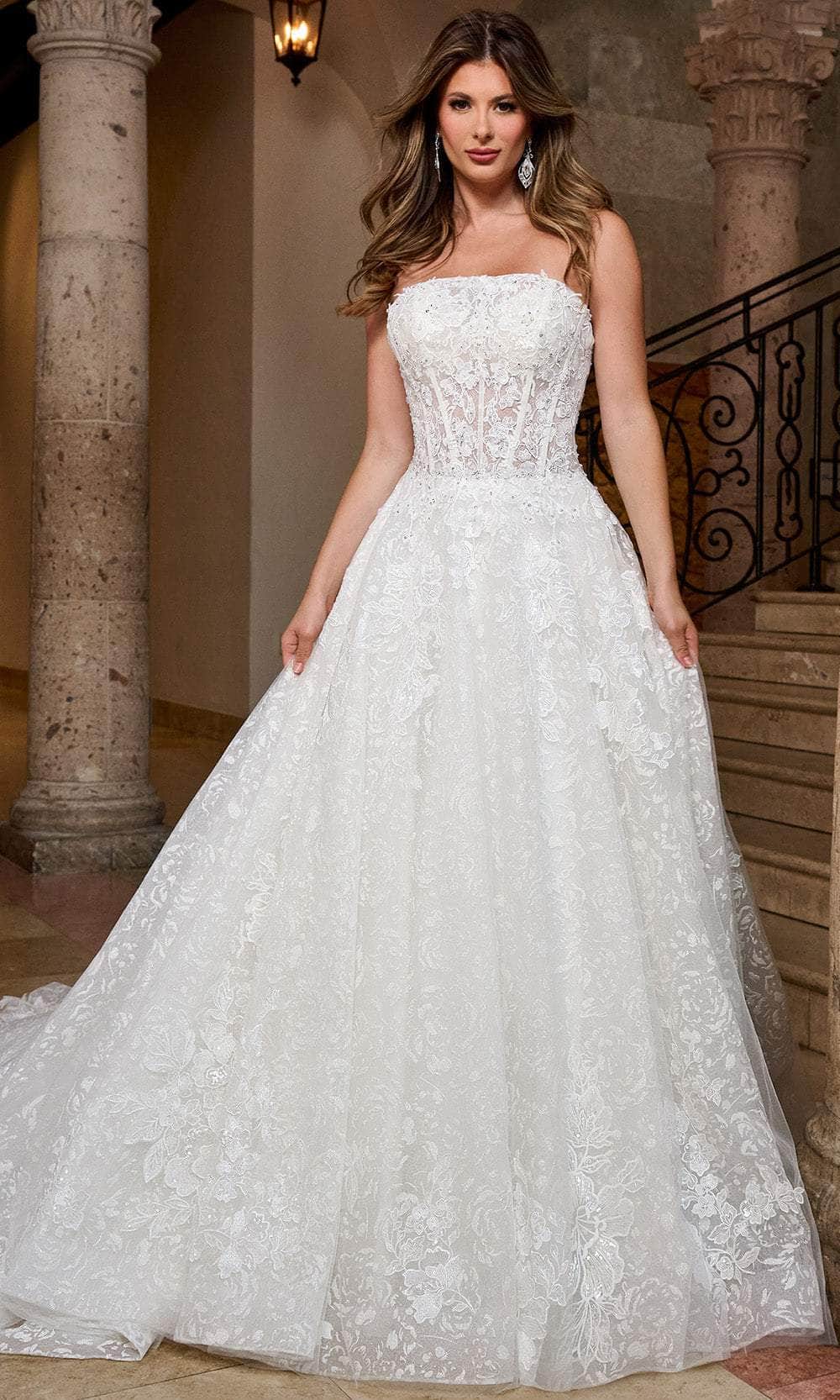 Rachel Allan RB5080 - Strapless A-Line Wedding Gown with Sheer Sleeves Bridal Dresses 0 / White