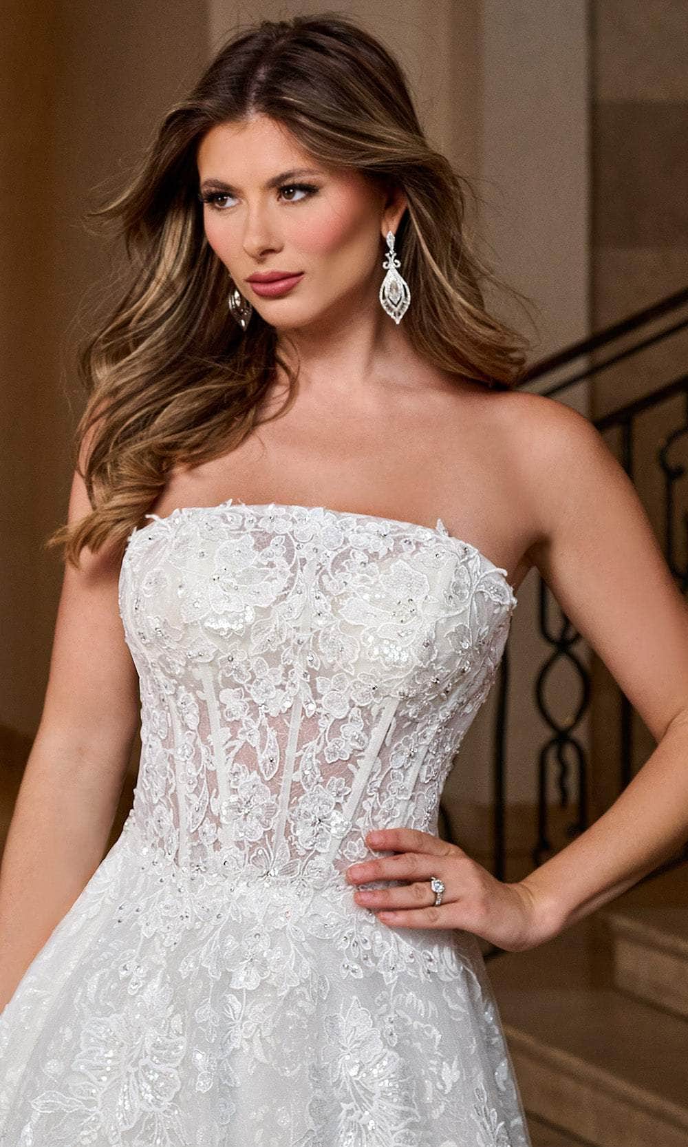 Rachel Allan RB5080 Strapless A-Line Wedding Gown with Sheer Sleeves