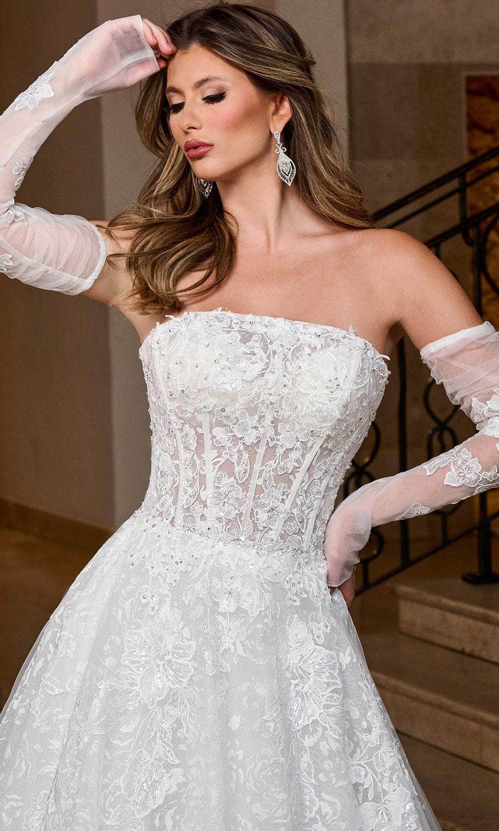 Rachel Allan RB5080 Strapless A-Line Wedding Gown with Sheer Sleeves