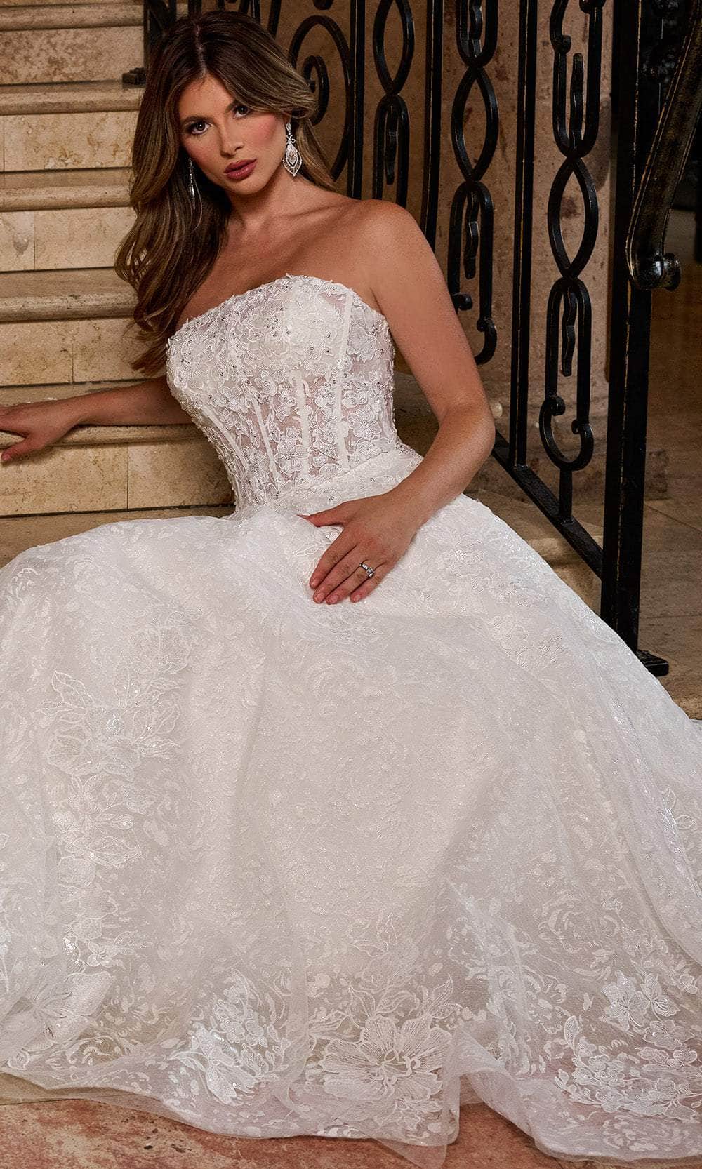 Rachel Allan RB5080 Strapless A-Line Wedding Gown with Sheer Sleeves