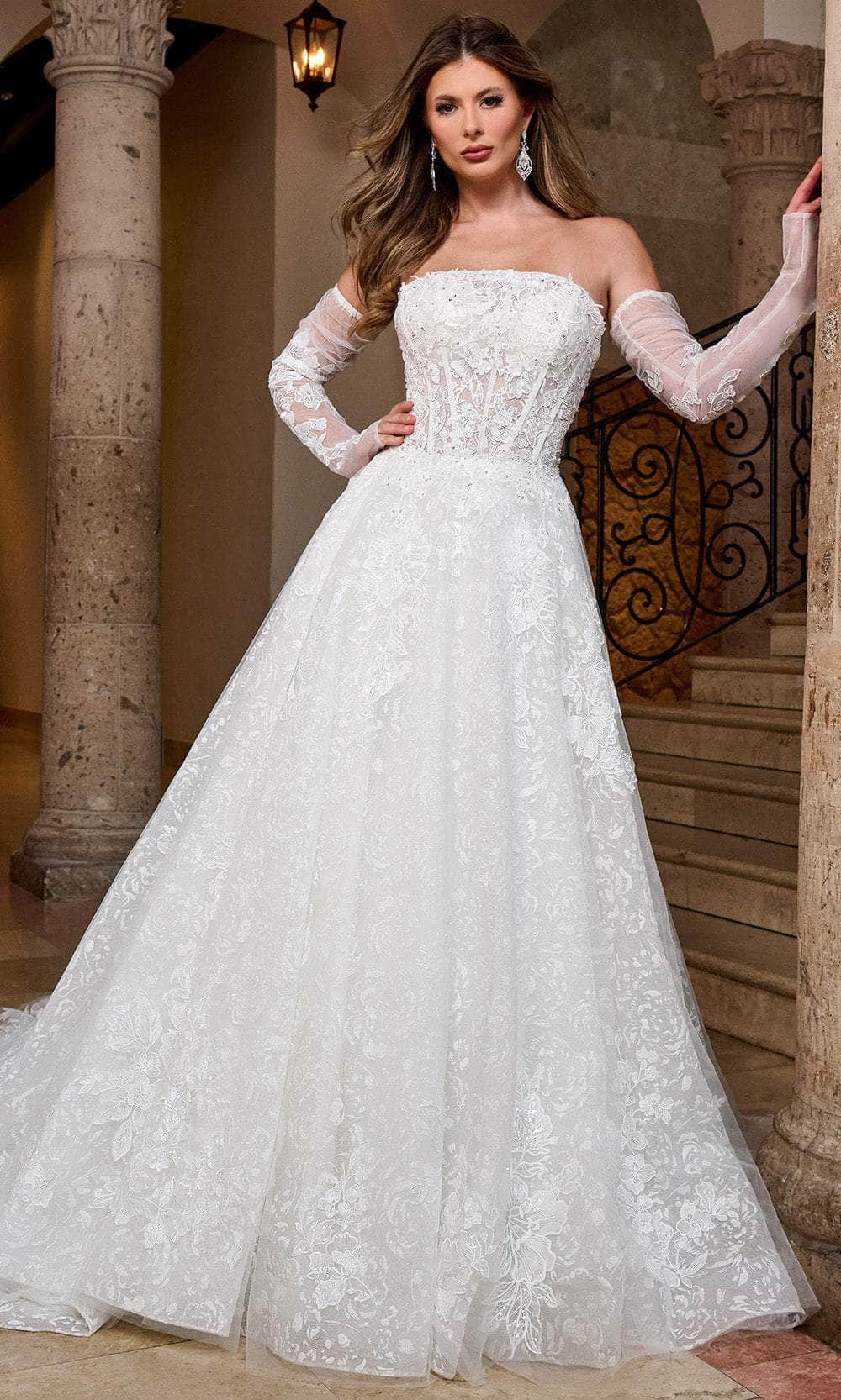 Rachel Allan RB5080 Strapless A-Line Wedding Gown with Sheer Sleeves