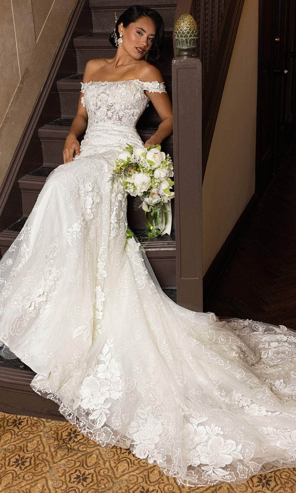 Rachel Allan RB5082 Off-Shoulder Floral Lace Mermaid Gown