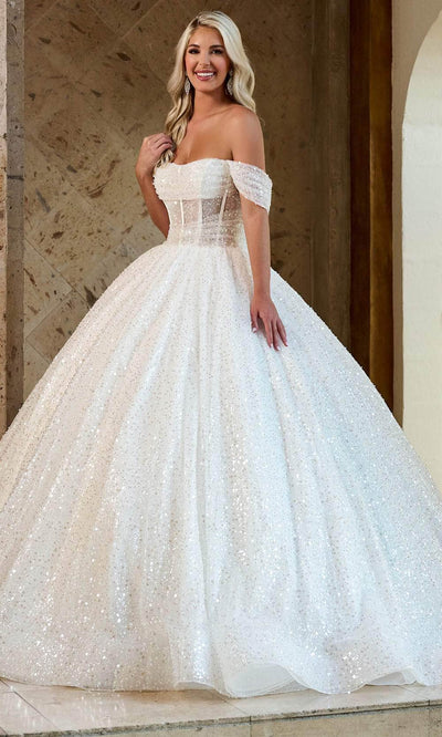 Rachel Allan RB6134 Off-Shoulder Beaded Tulle Gown