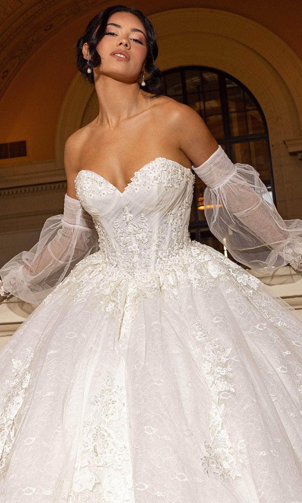 Rachel Allan RB6163 Sweetheart Lace Ballgown with Detachable Sleeves