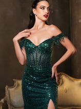 Long Sequins Prom Dress Off-Shoulder Evening Gown & Plus Size By MQ2132