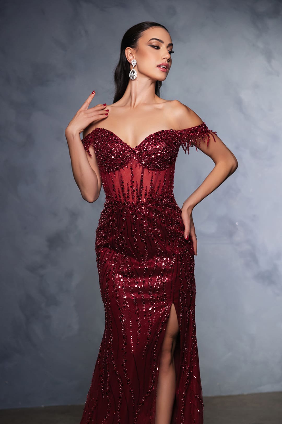 Red Carpet Dress Off-Shoulder Sequin High Split By May Queen MQ2132 - Dress