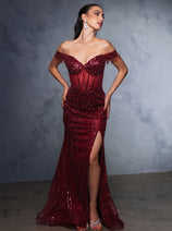 Long Sequins Prom Dress Off-Shoulder Evening Gown & Plus Size By MQ2132
