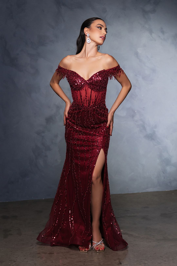 Red Carpet Dress Off-Shoulder Sequin High Split By May Queen MQ2132 - BURGUNDY / 4 - Dress