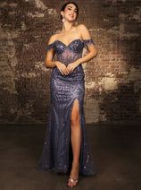 Long Sequins Prom Dress Off-Shoulder Evening Gown & Plus Size By MQ2132