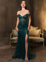 Long Sequins Prom Dress Off-Shoulder Evening Gown & Plus Size By MQ2132