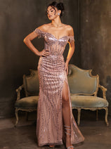 Long Sequins Prom Dress Off-Shoulder Evening Gown & Plus Size By MQ2132
