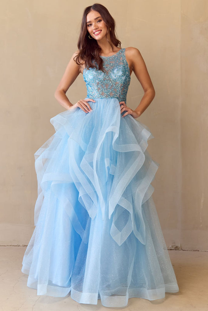 Red Carpet Dress Scoop Neck A-Line Prom Gown By Amelia Couture 5066 - TURQUOISE / Dress