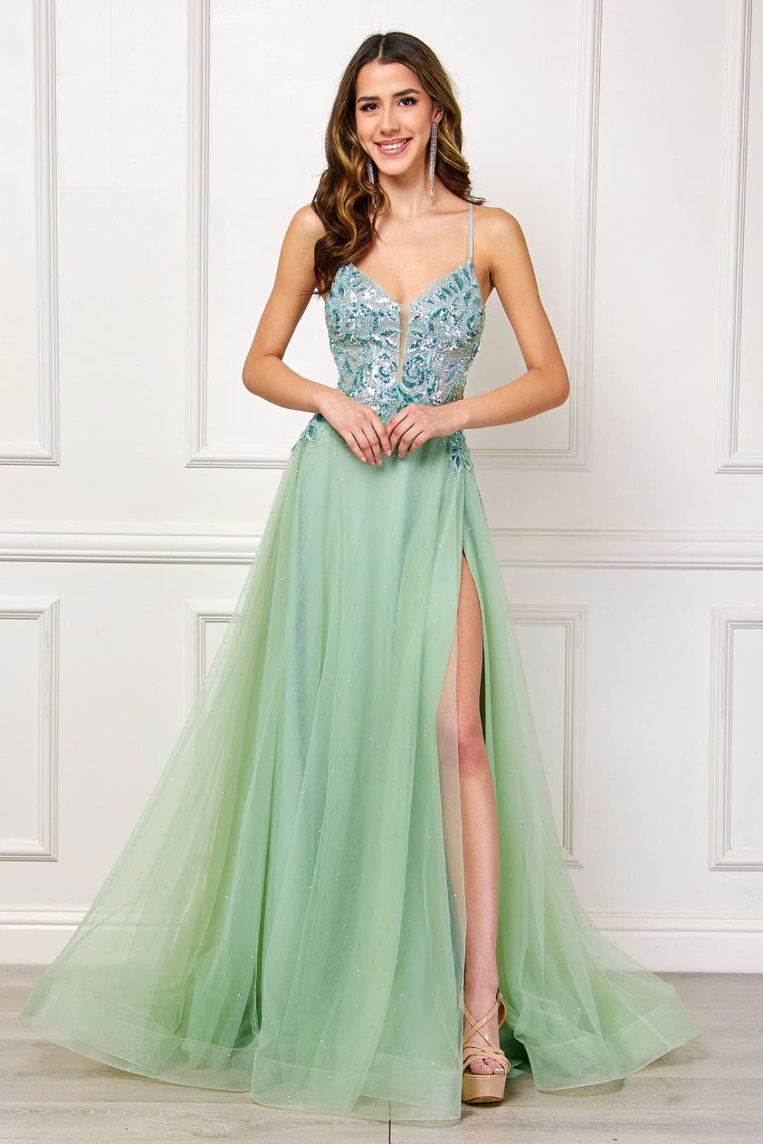 Red Carpet Dress Sleevelss High Slit A-Line Prom Gown By Amelia Couture TM1028 - SAGE / Dress