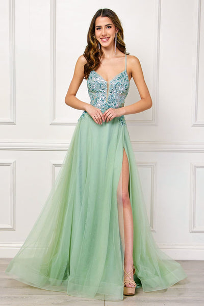 Red Carpet Dress Sleevelss High Slit A-Line Prom Gown By Amelia Couture TM1028 - SAGE / Dress