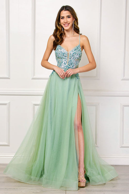 Red Carpet Dress Sleevelss High Slit A-Line Prom Gown By Amelia Couture TM1028 - SAGE / Dress