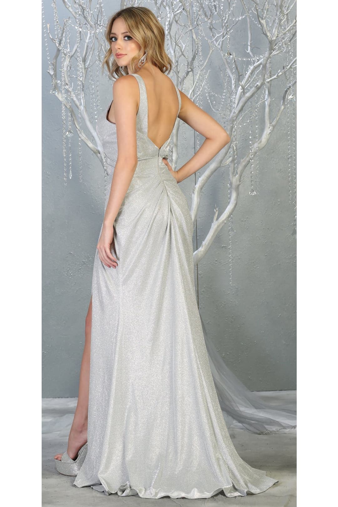 silver metallic formal dress ZAPAKA Women Gold A-Line Formal Dress Metallic V-Neck Long Evening Dress With Slit, Tahiti / US16