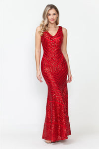 Lenovia USA 5150 V-Neck Mermaid Sequined Long Evening Prom Dress - RED / XS - Dress