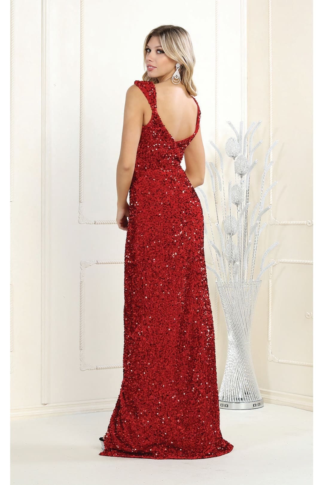 May Queen MQ1957 Off Shoulder V-Neck Long Sequin Dress