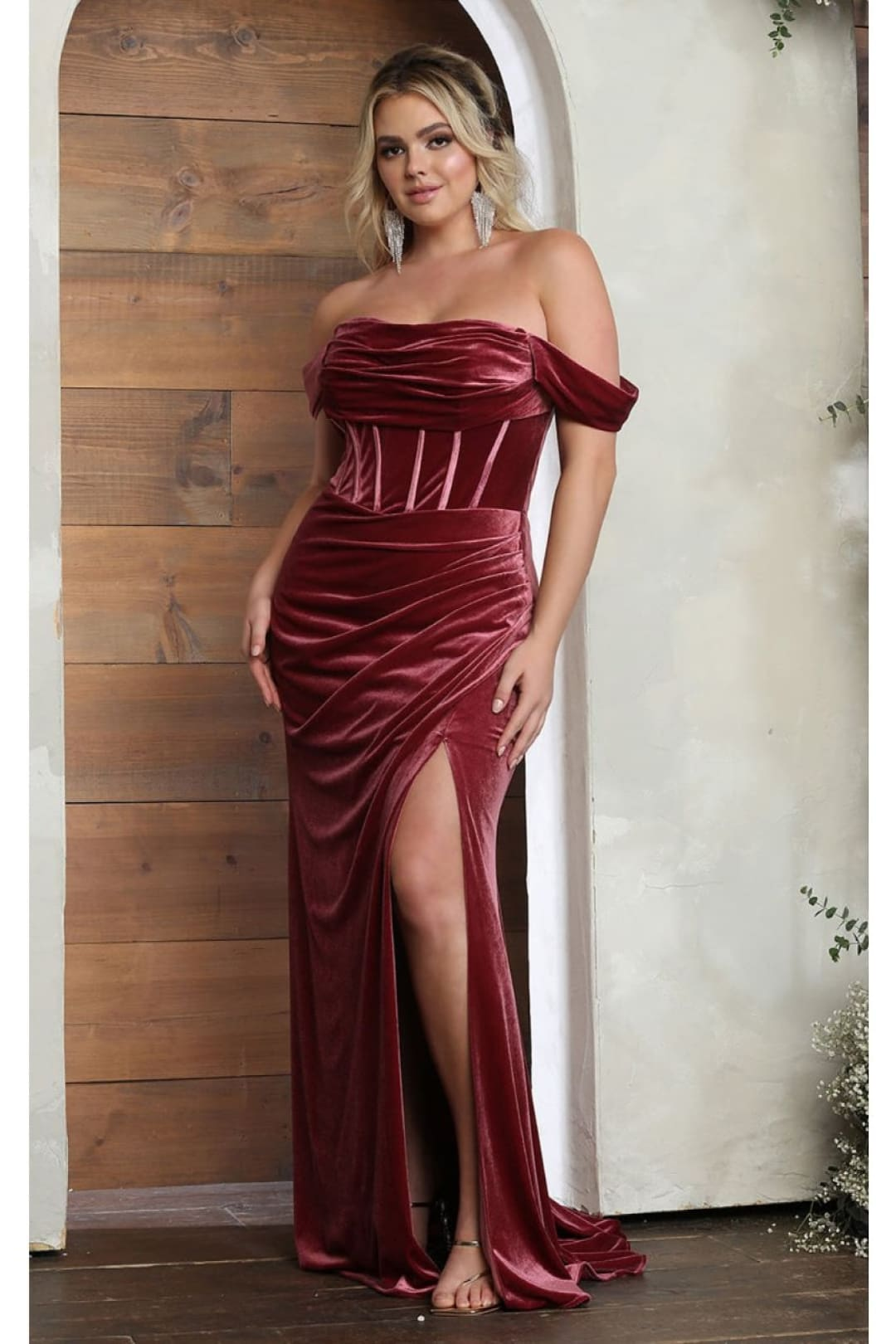 Royal Queen RQ8069 Off Shoulder Velvet Slit Prom Sexy Long Dress - LIPSTICK / 2 - Dress