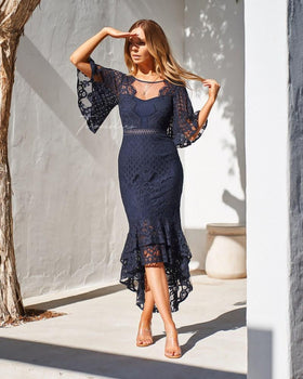 Reyna Navy Blue Sweetheart Lace Ruffle Wedding Guest Dress