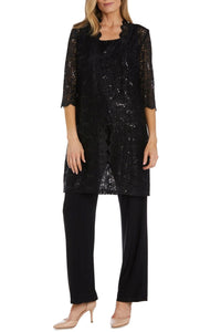 RM Richards 1993 BLACK Lace 3/4 Sleeve 3-Piece Pant Set - Black / 6