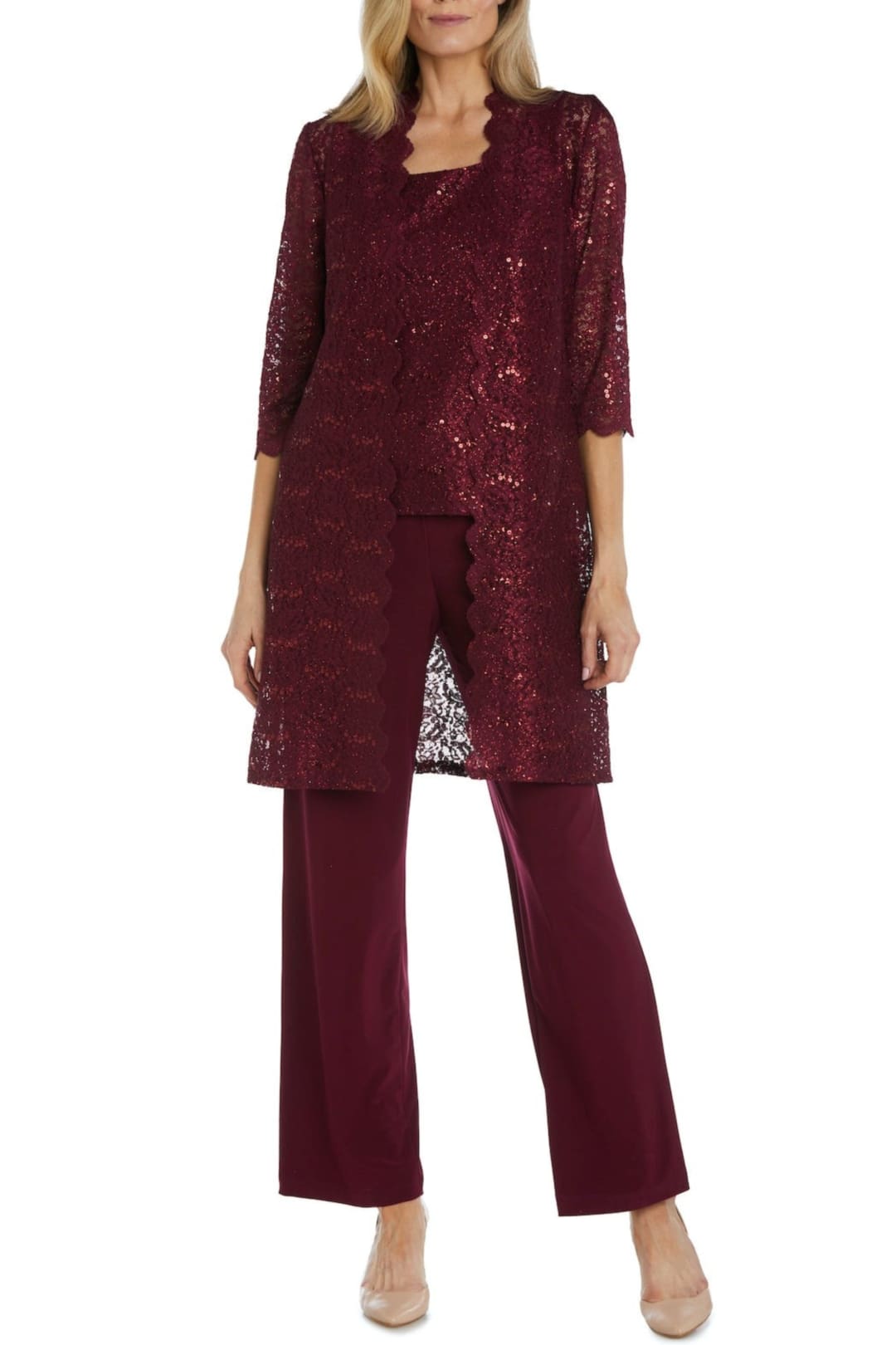 RM Richards 1993 MERLOT Lace 3/4 Sleeve 3-Piece Pant Set - Merlot / S