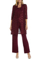 RM Richards 1993 MERLOT Lace 3/4 Sleeve 3-Piece Pant Set - Merlot / S
