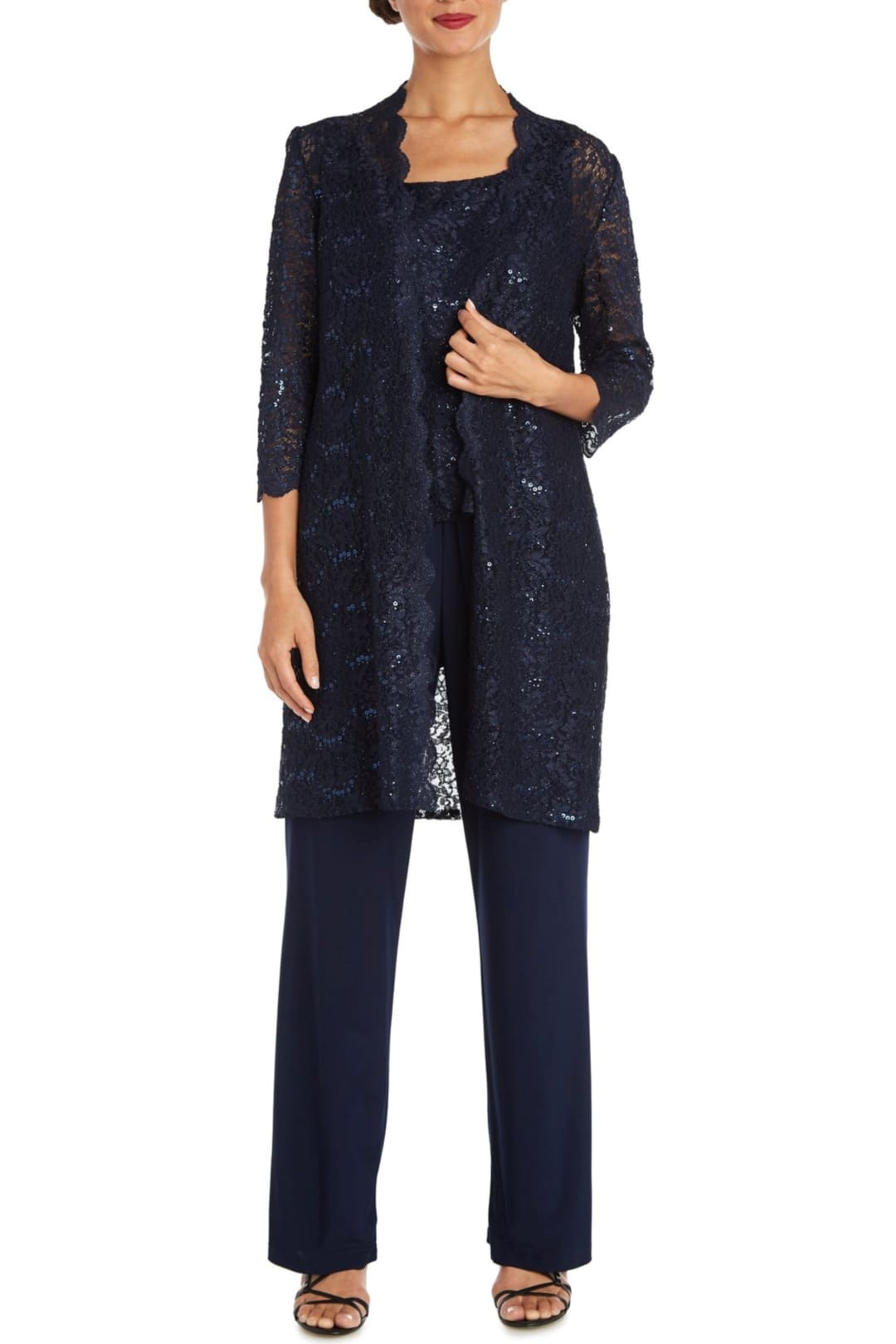 RM Richards 1993 NAVY Lace 3/4 Sleeve 3-Piece Pant Set - Navy / 6